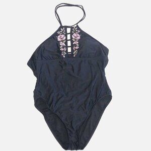 Swimsuit One Piece Size Large Floral Embroidered Pink Purple High Cut Mossimo